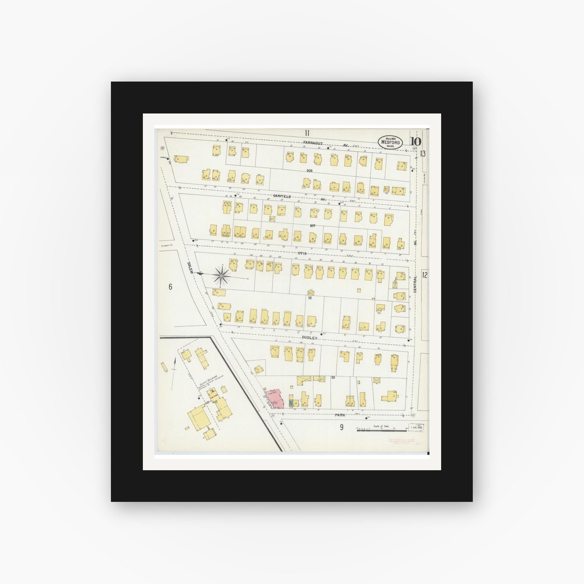 Old map wall art mockup — black gallery frame with white mat — Sanborn Fire Insurance Map from Medford, Middlesex County, Massachusetts (1903), Sheet #0010