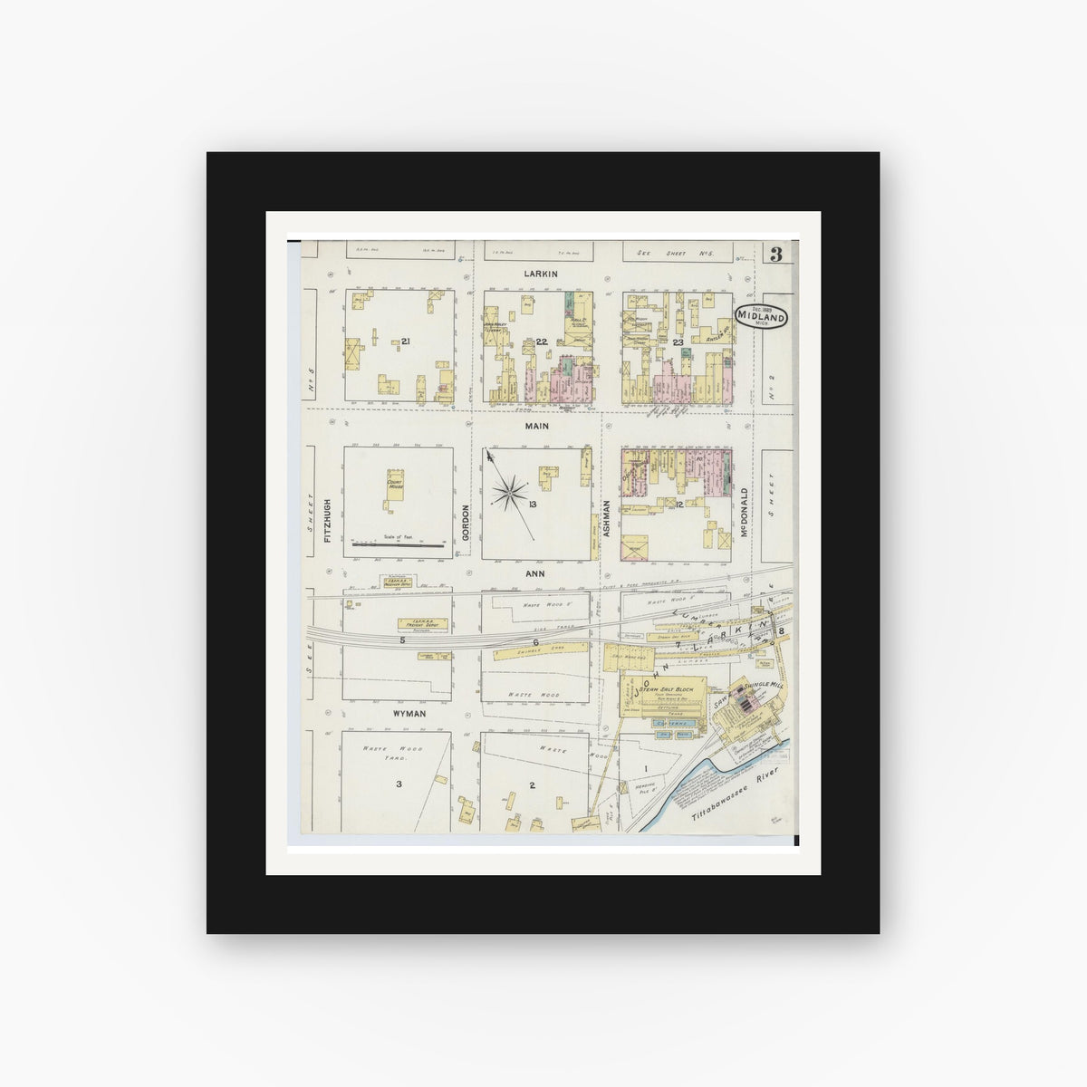 Old map wall art mockup — black gallery frame with white mat — Sanborn Fire Insurance Map from Midland, Midland County, Michigan (1889), Sheet #0003