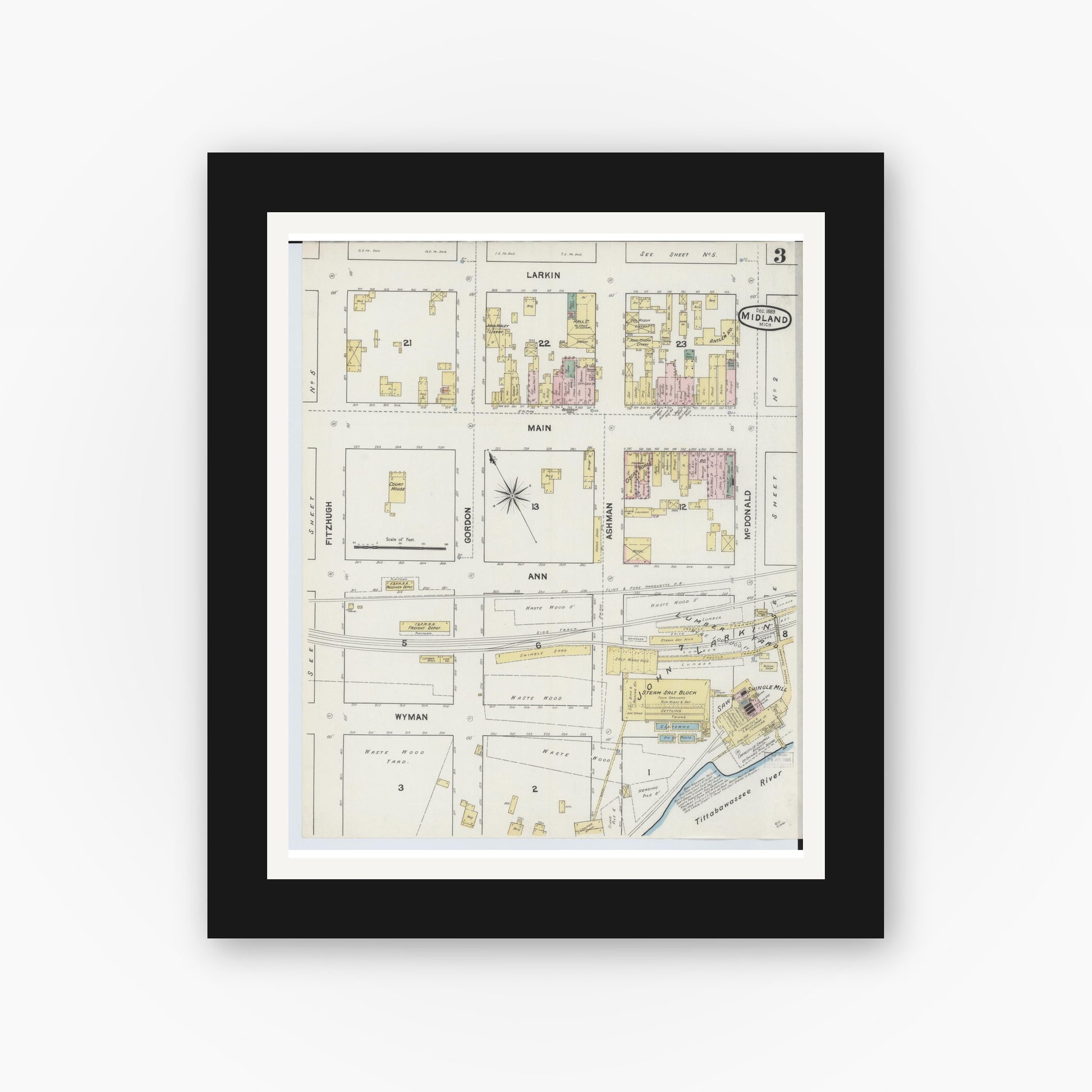 Old map wall art mockup — black gallery frame with white mat — Sanborn Fire Insurance Map from Midland, Midland County, Michigan (1889), Sheet #0003