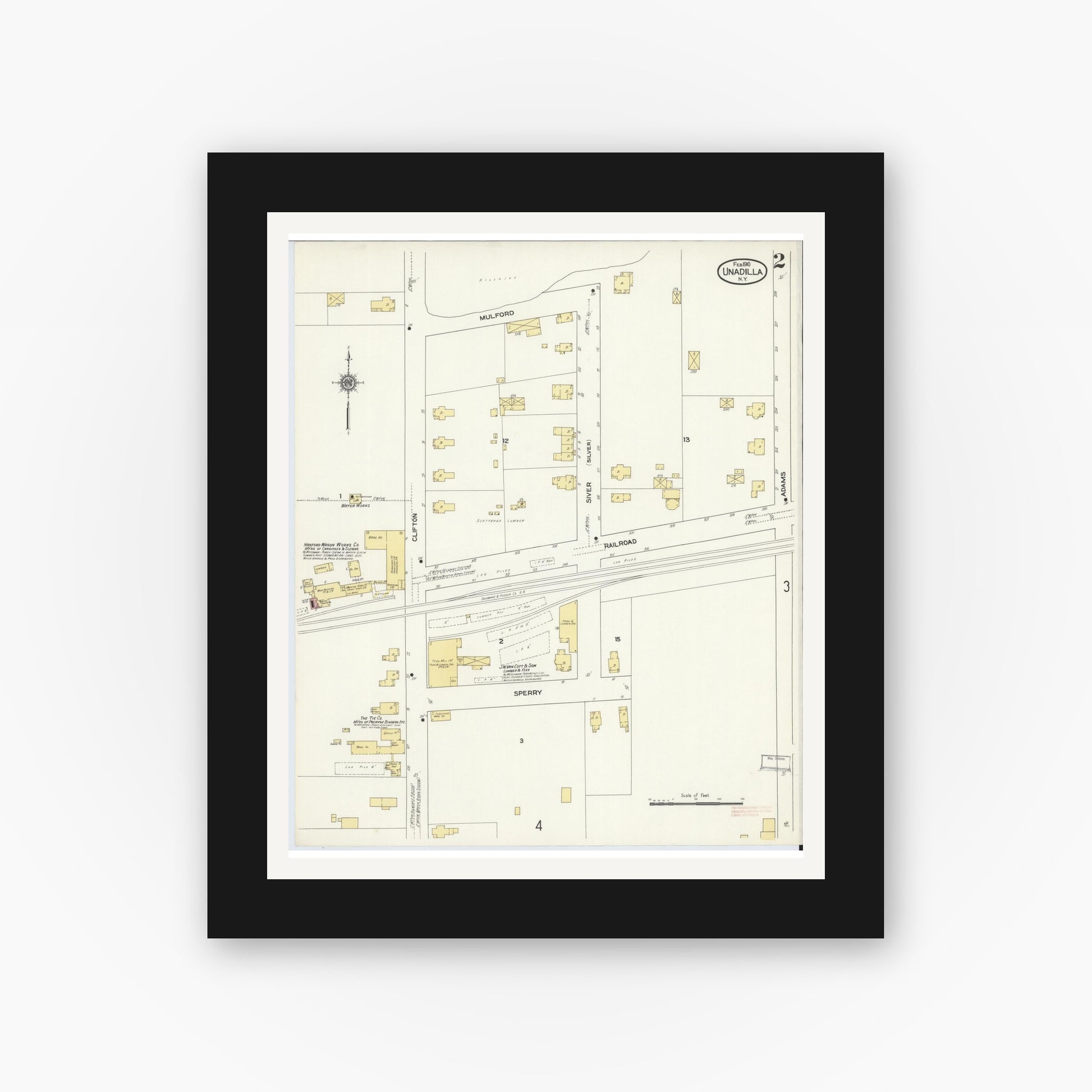Old map wall art mockup — black gallery frame with white mat — Sanborn Fire Insurance Map from Unadilla, Otsego County, New York (1910), Sheet #0002