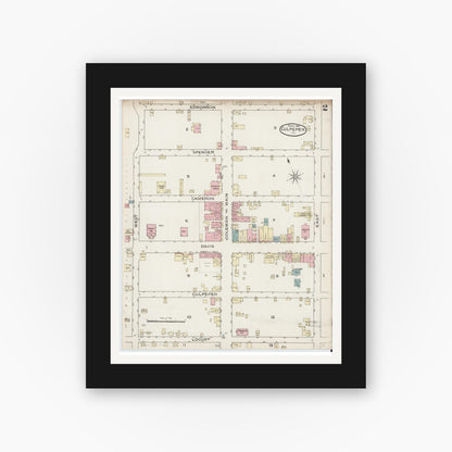 Old map wall art mockup — black gallery frame with white mat — Sanborn Fire Insurance Map from Culpeper, Culpeper County, Virginia (1886), Sheet #0002