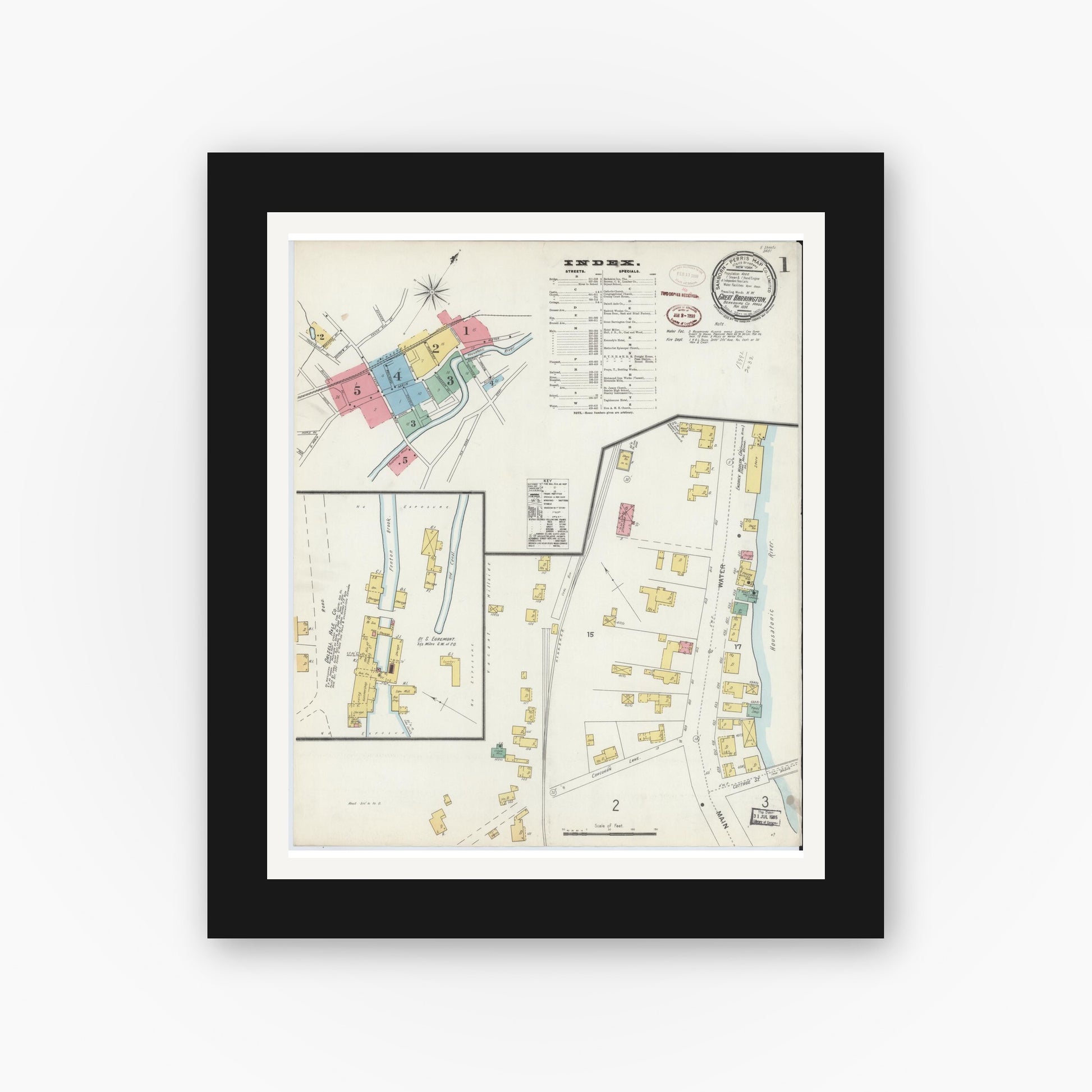 Old map wall art mockup — black gallery frame with white mat — Sanborn Fire Insurance Map from Great Barrington, Berkshire County, Massachusetts (1898), Sheet #0001