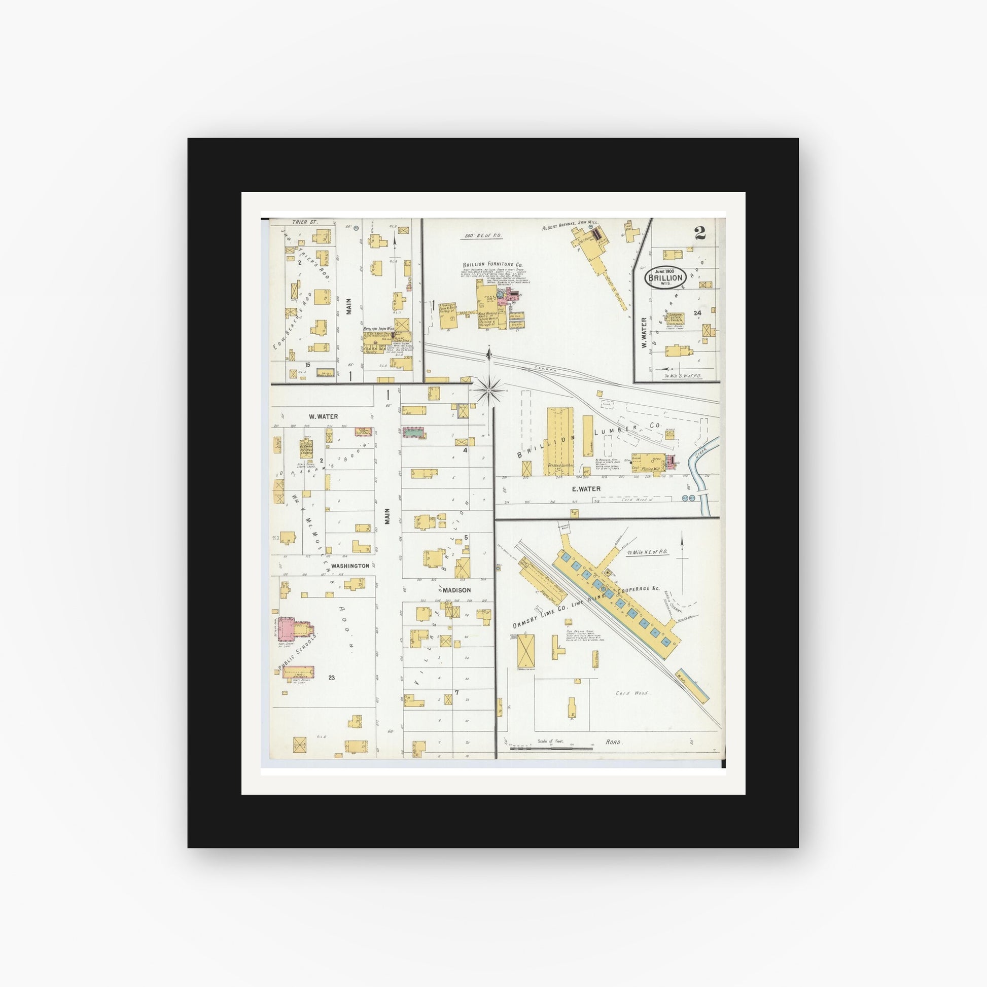 Old map wall art mockup — black gallery frame with white mat — Sanborn Fire Insurance Map from Brillion, Calumet County, Wisconsin (1900), Sheet #0002