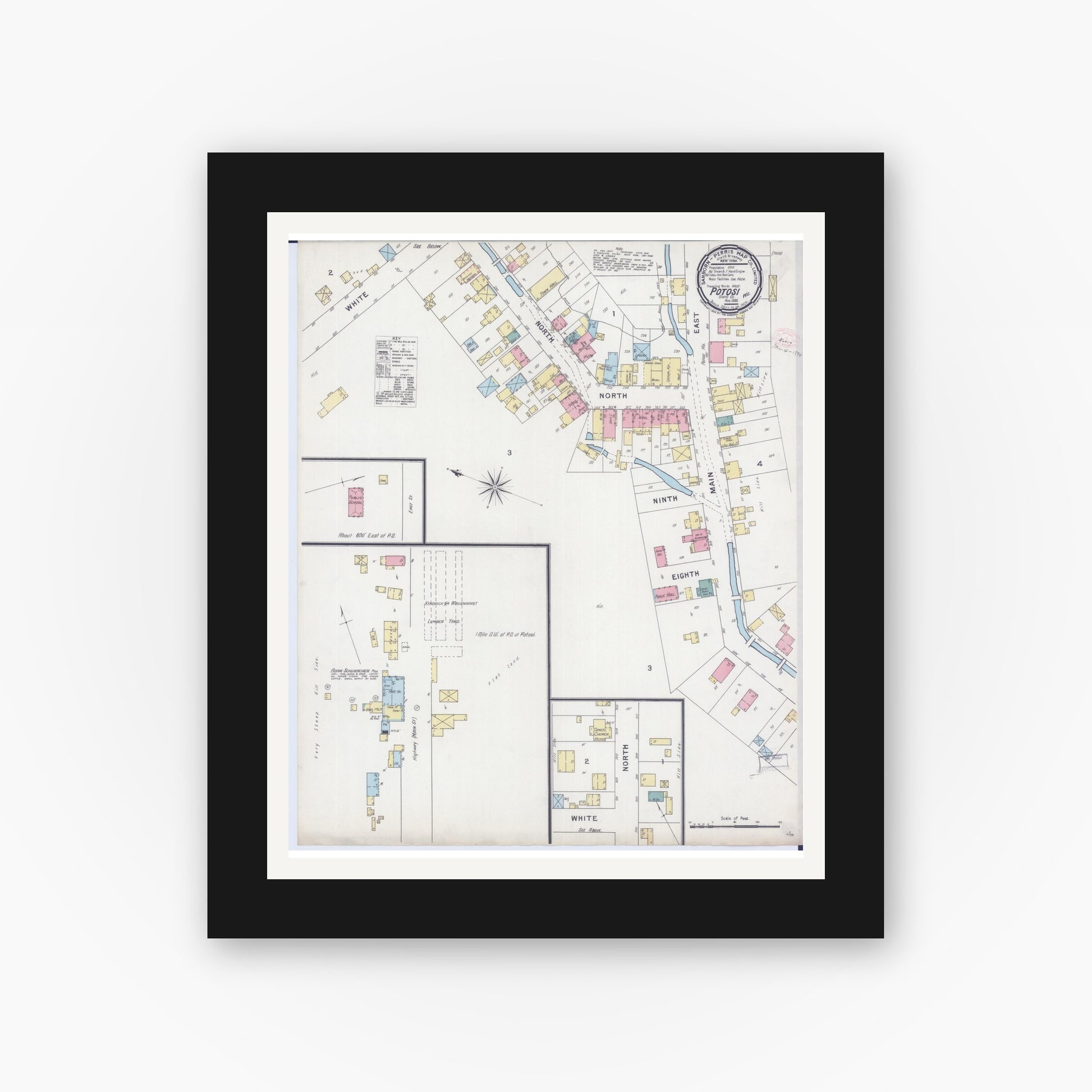 Old map wall art mockup — black gallery frame with white mat — Sanborn Fire Insurance Map from Potosi, Grant County, Wisconsin (1894), Sheet #0001