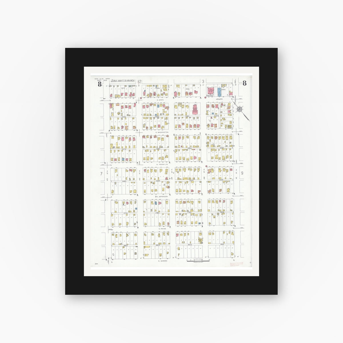 Old map wall art mockup — black gallery frame with white mat — Sanborn Fire Insurance Map from New Ulm, Brown County, Minnesota (1935), Sheet #0008