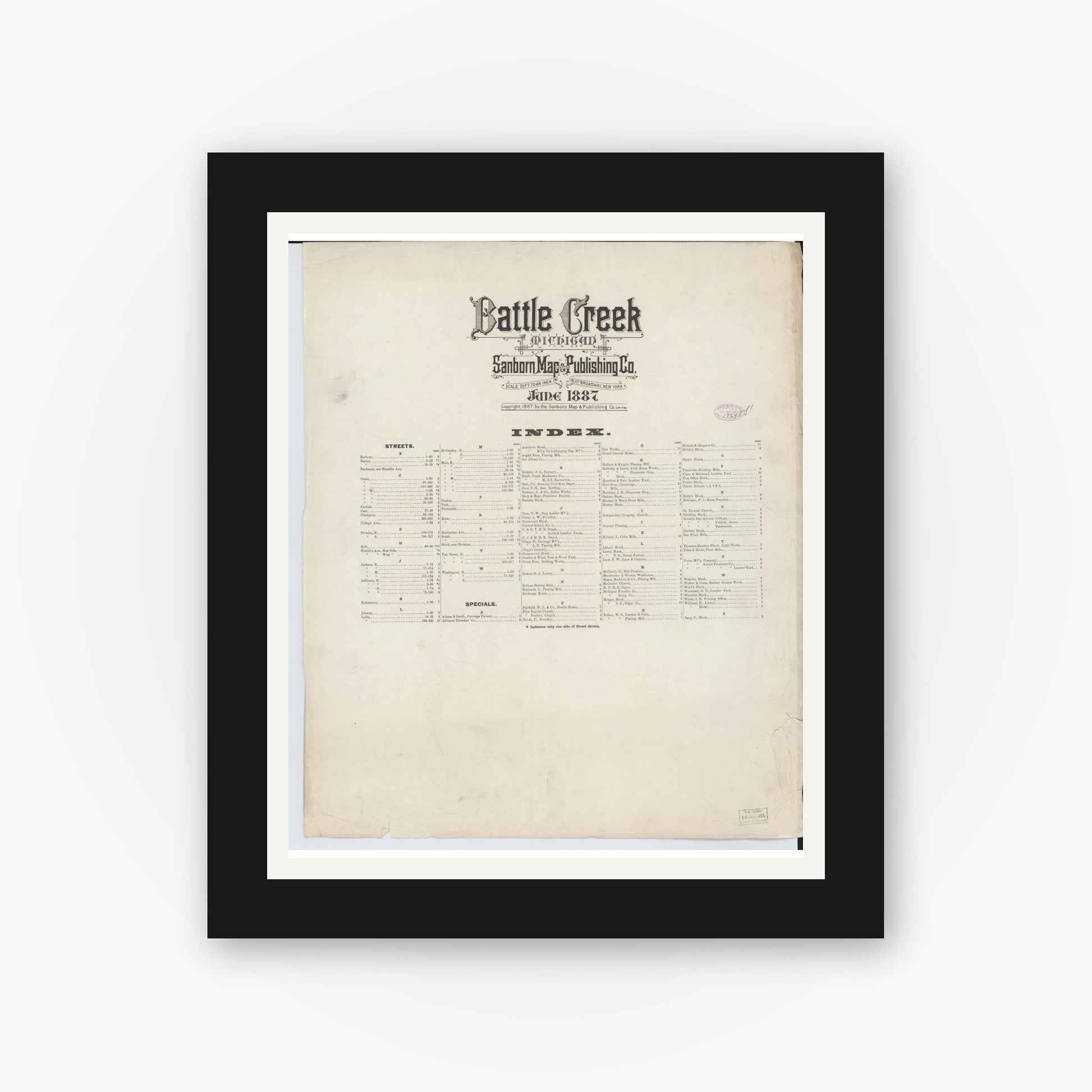Old map wall art mockup — black gallery frame with white mat — Sanborn Fire Insurance Map from Battle Creek, Calhoun County, Michigan (1887), Sheet #0001