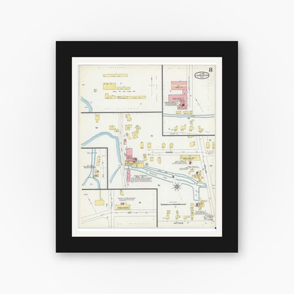 Old map wall art mockup — black gallery frame with white mat — Sanborn Fire Insurance Map from Leominster, Worcester County, Massachusetts (1896), Sheet #0008