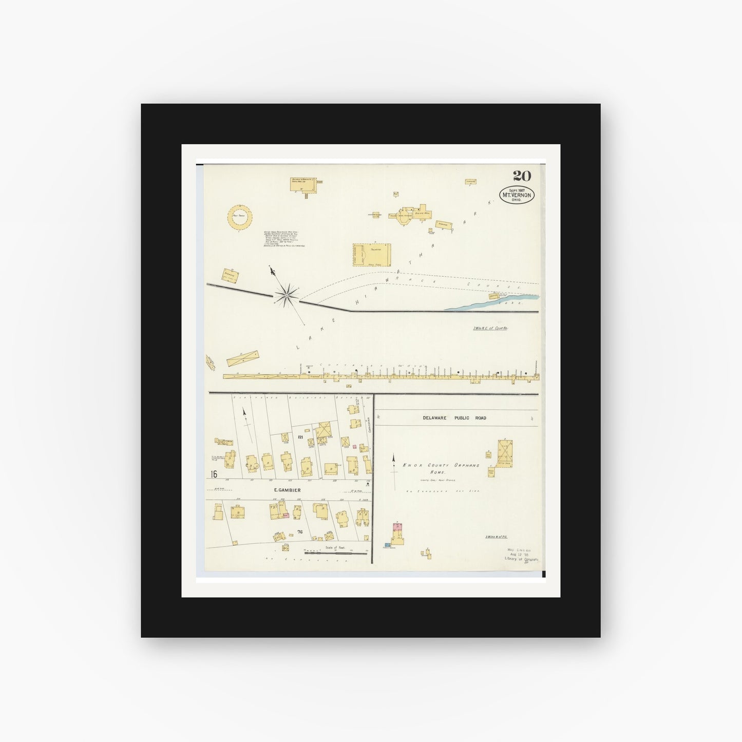 Old map wall art mockup — black gallery frame with white mat — Sanborn Fire Insurance Map from Mount Vernon, Knox County, Ohio (1907), Sheet #0020