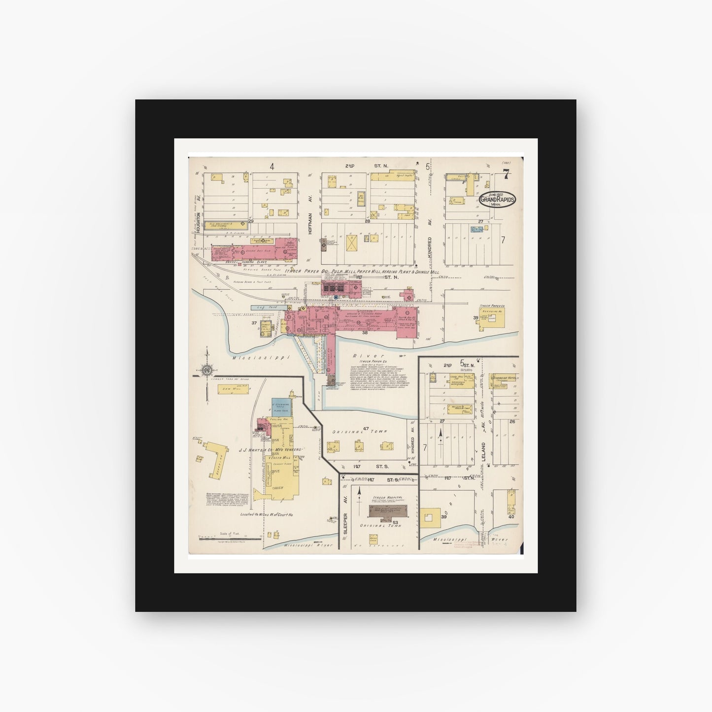 Old map wall art mockup — black gallery frame with white mat — Sanborn Fire Insurance Map from Grand Rapids, Itasca County, Minnesota (1922), Sheet #0007