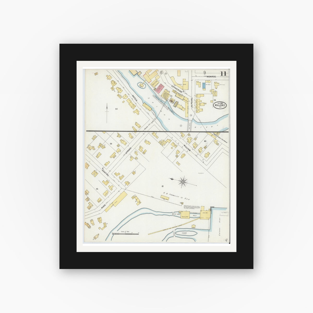 Old map wall art mockup — black gallery frame with white mat — Sanborn Fire Insurance Map from Malone, Franklin County, New York (1898), Sheet #0011