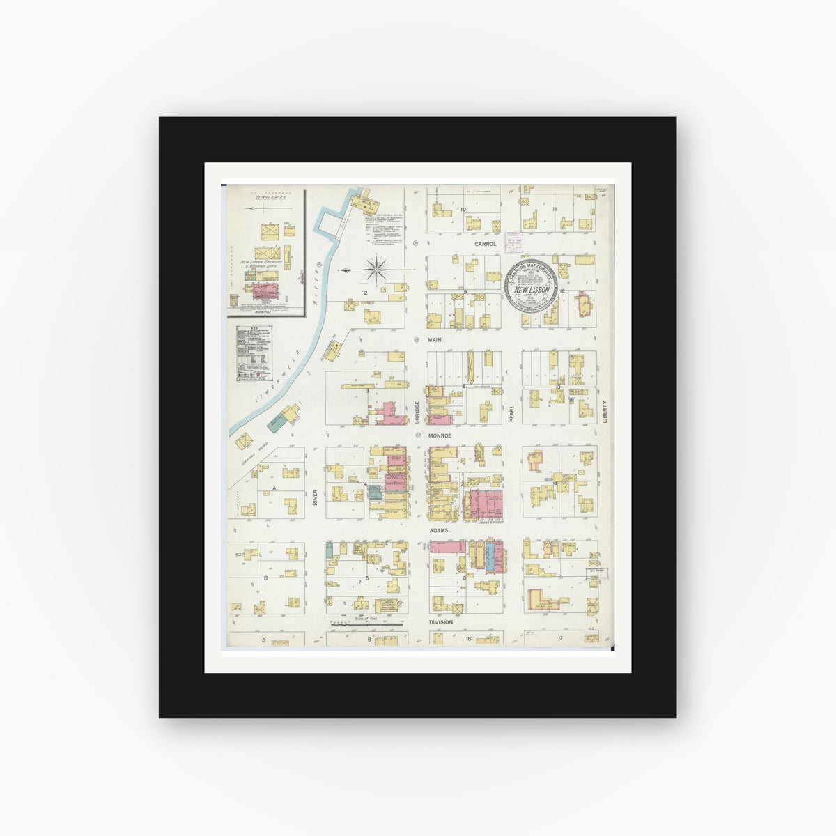 Old map wall art mockup — black gallery frame with white mat — Sanborn Fire Insurance Map from New Lisbon, Juneau County, Wisconsin (1902), Sheet #0001