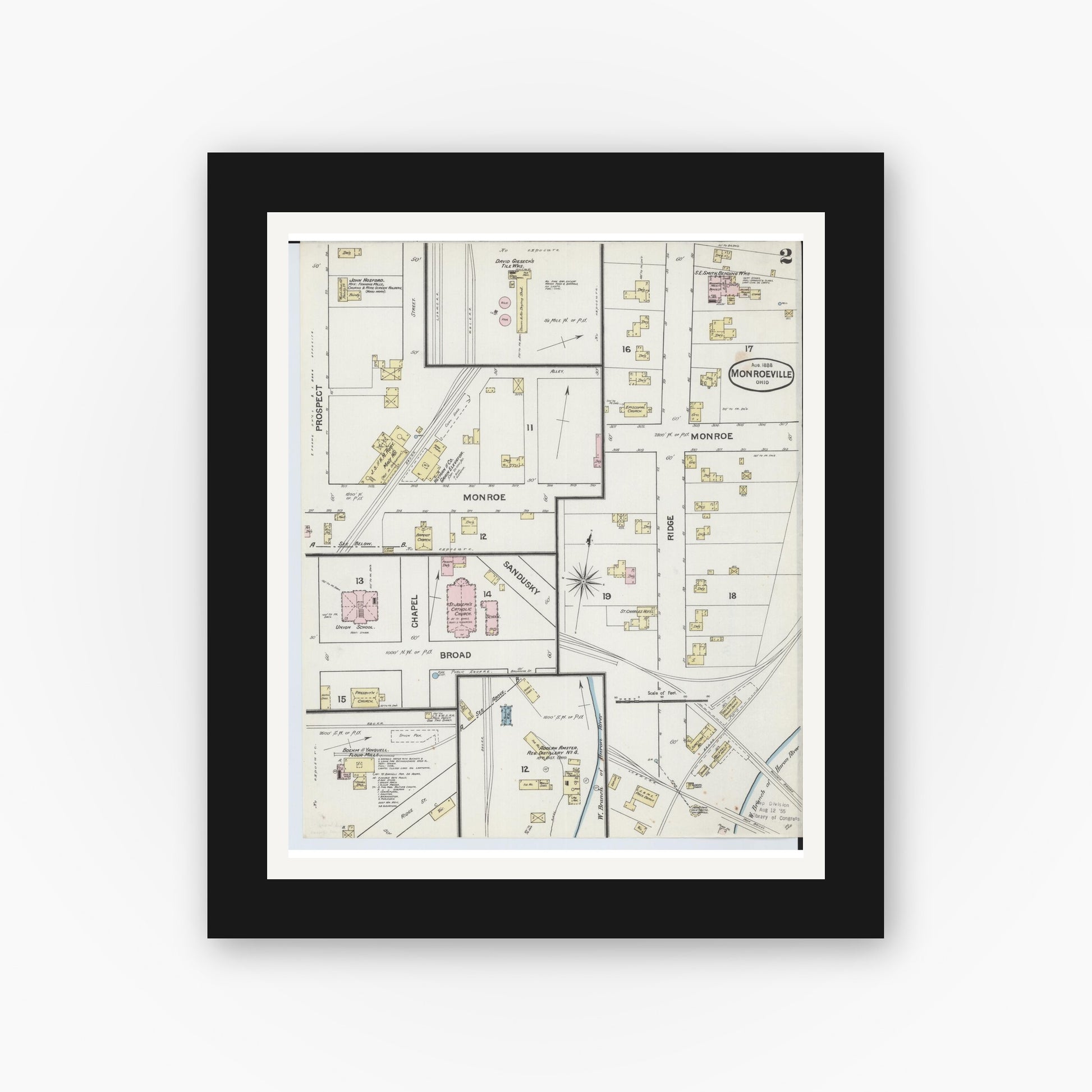 Old map wall art mockup — black gallery frame with white mat — Sanborn Fire Insurance Map from Monroeville, Huron County, Ohio (1888), Sheet #0002