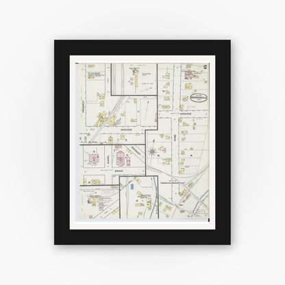 Old map wall art mockup — black gallery frame with white mat — Sanborn Fire Insurance Map from Monroeville, Huron County, Ohio (1888), Sheet #0002