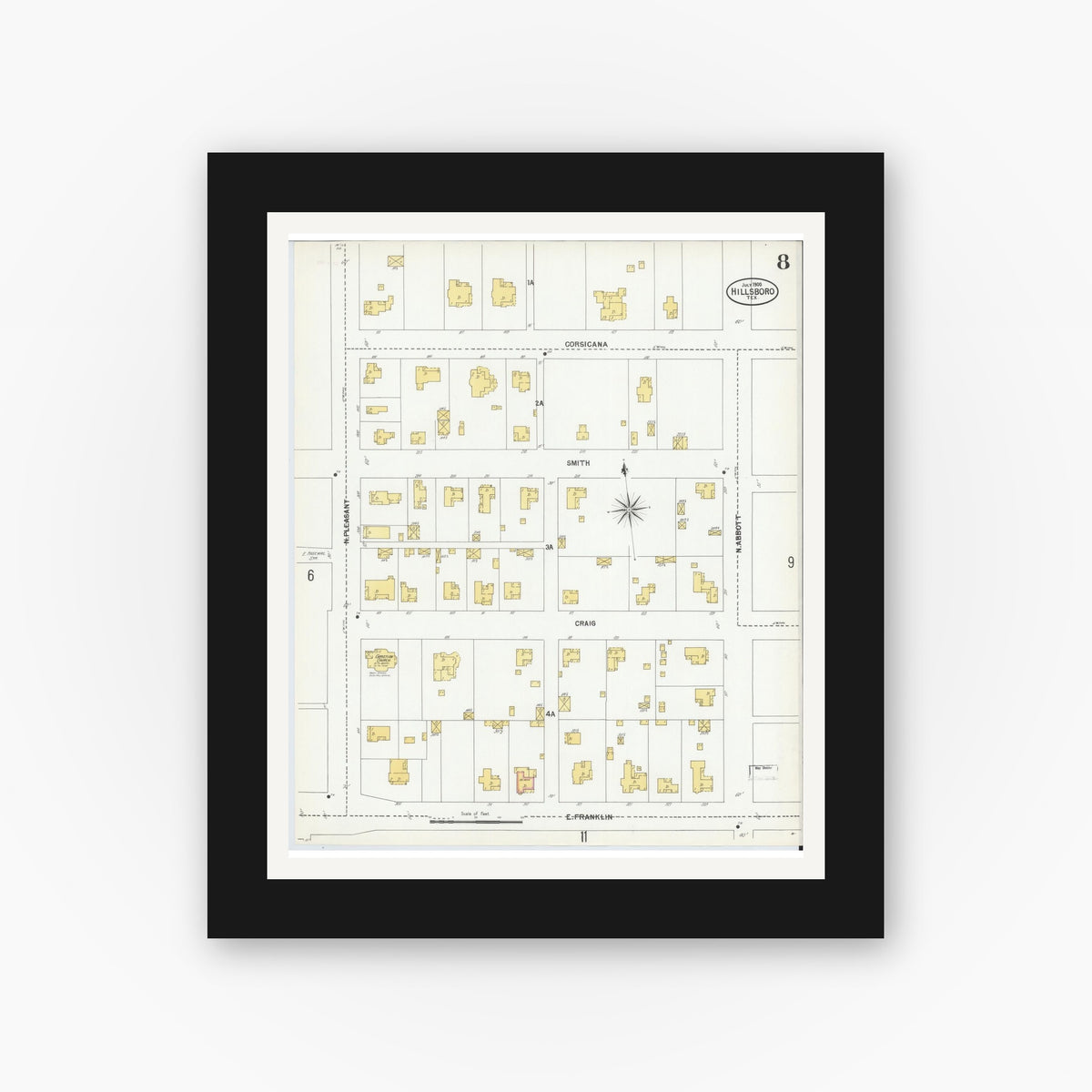 Old map wall art mockup — black gallery frame with white mat — Sanborn Fire Insurance Map from Hillsboro, Hill County, Texas (1900), Sheet #0008