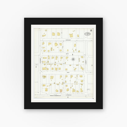 Old map wall art mockup — black gallery frame with white mat — Sanborn Fire Insurance Map from Hillsboro, Hill County, Texas (1900), Sheet #0008