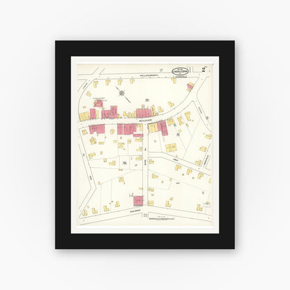 Old map wall art mockup — black gallery frame with white mat — Sanborn Fire Insurance Map from Leaksville-spray, Rockingham County, North Carolina (1921), Sheet #0002
