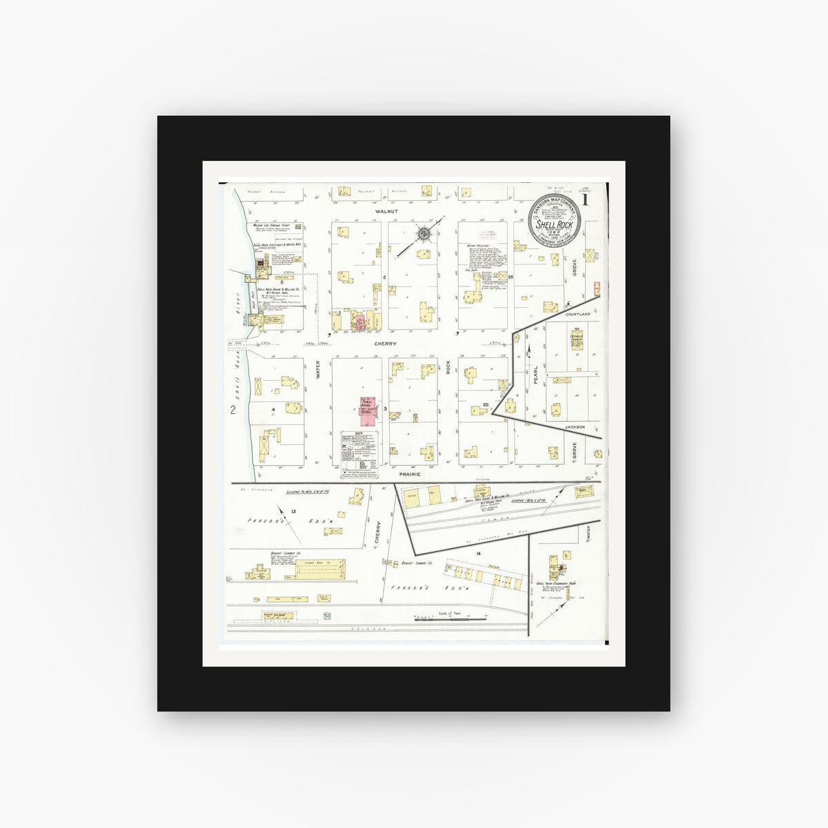 Old map wall art mockup — black gallery frame with white mat — Sanborn Fire Insurance Map from Shell Rock, Butler County, Iowa (1910) â€” Complete Set