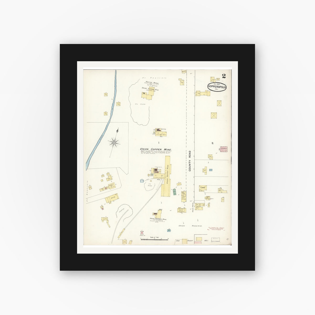 Old map wall art mockup — black gallery frame with white mat — Sanborn Fire Insurance Map from Copperopolis, Calaveras County, California (1890), Sheet #0002