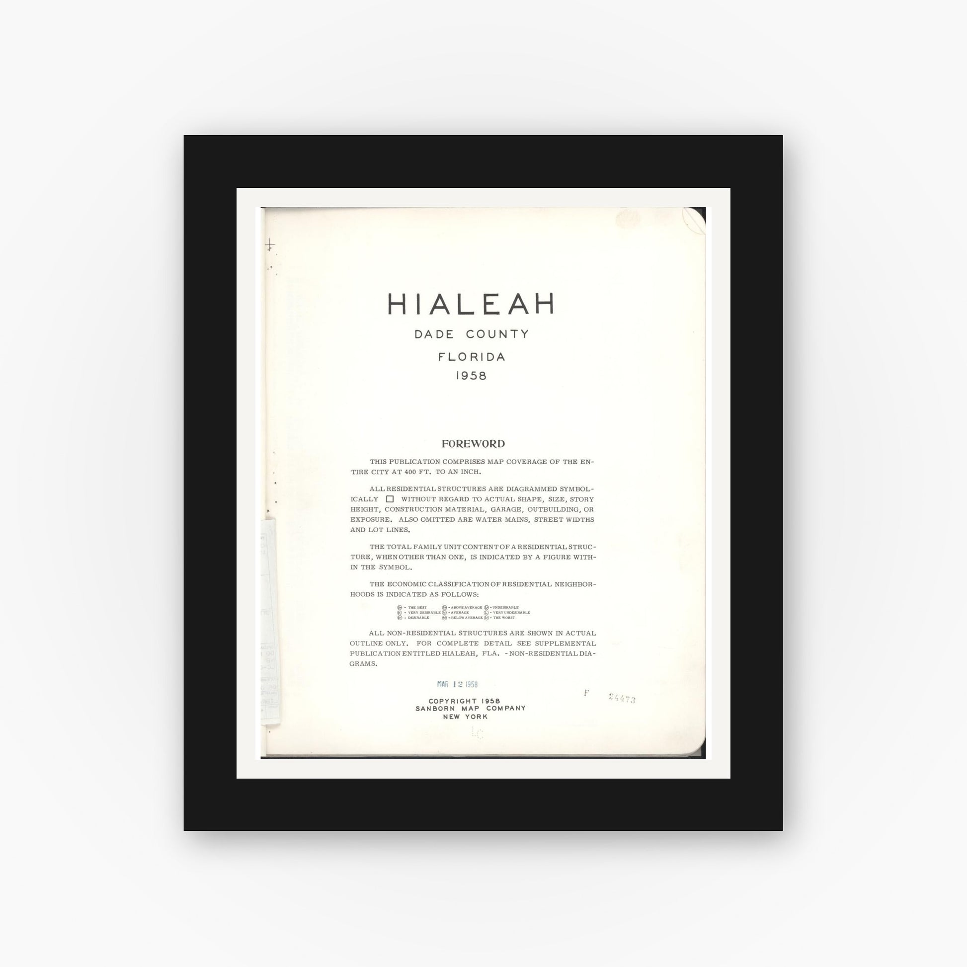 Old map wall art mockup — black gallery frame with white mat — Sanborn Fire Insurance Map from Hialeah, Dade County, Florida (1958), Sheet #0001