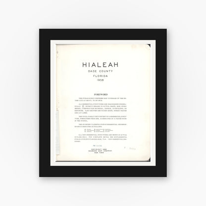 Old map wall art mockup — black gallery frame with white mat — Sanborn Fire Insurance Map from Hialeah, Dade County, Florida (1958), Sheet #0001