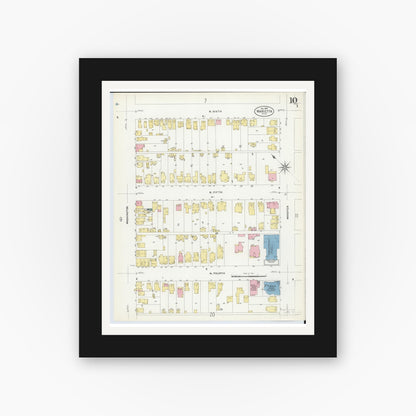 Old map wall art mockup — black gallery frame with white mat — Sanborn Fire Insurance Map from Marietta, Washington County, Ohio (1907), Sheet #0010
