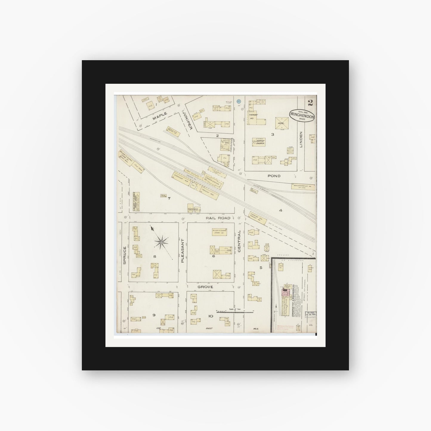 Old map wall art mockup — black gallery frame with white mat — Sanborn Fire Insurance Map from Winchendon, Worcester County, Massachusetts (1885), Sheet #0002