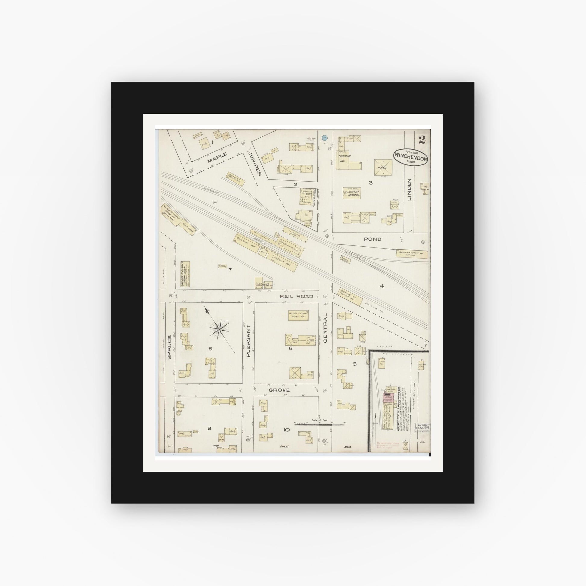 Old map wall art mockup — black gallery frame with white mat — Sanborn Fire Insurance Map from Winchendon, Worcester County, Massachusetts (1885), Sheet #0002