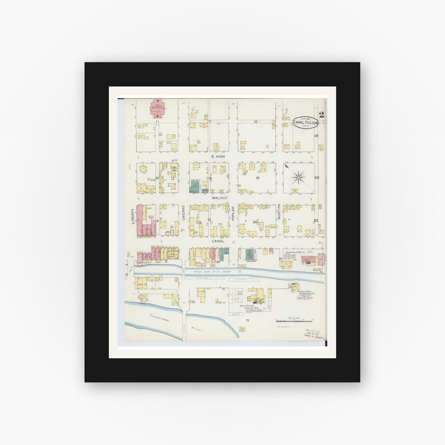 Old map wall art mockup — black gallery frame with white mat — Sanborn Fire Insurance Map from Canal Fulton, Stark County, Ohio (1893), Sheet #0002