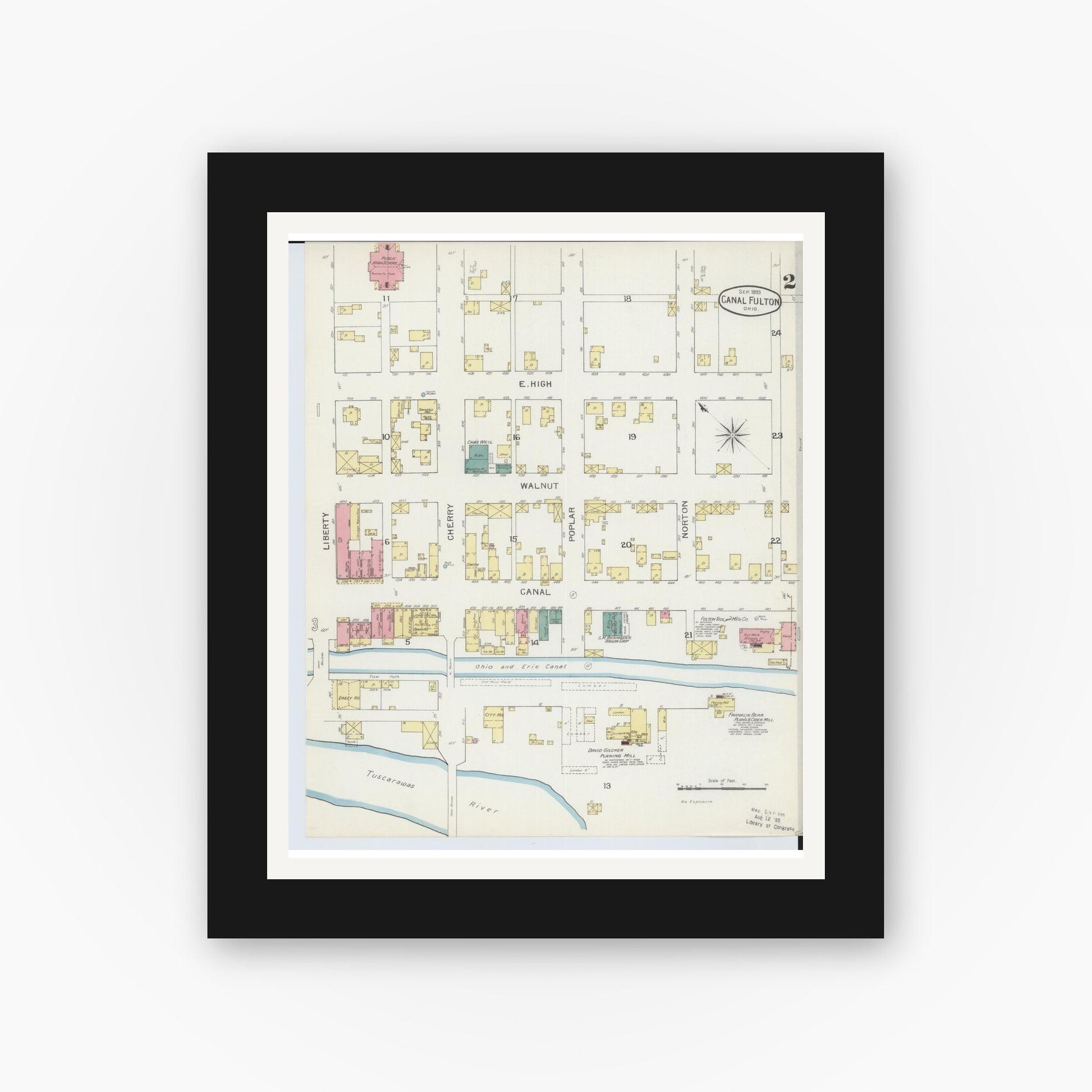 Old map wall art mockup — black gallery frame with white mat — Sanborn Fire Insurance Map from Canal Fulton, Stark County, Ohio (1893), Sheet #0002