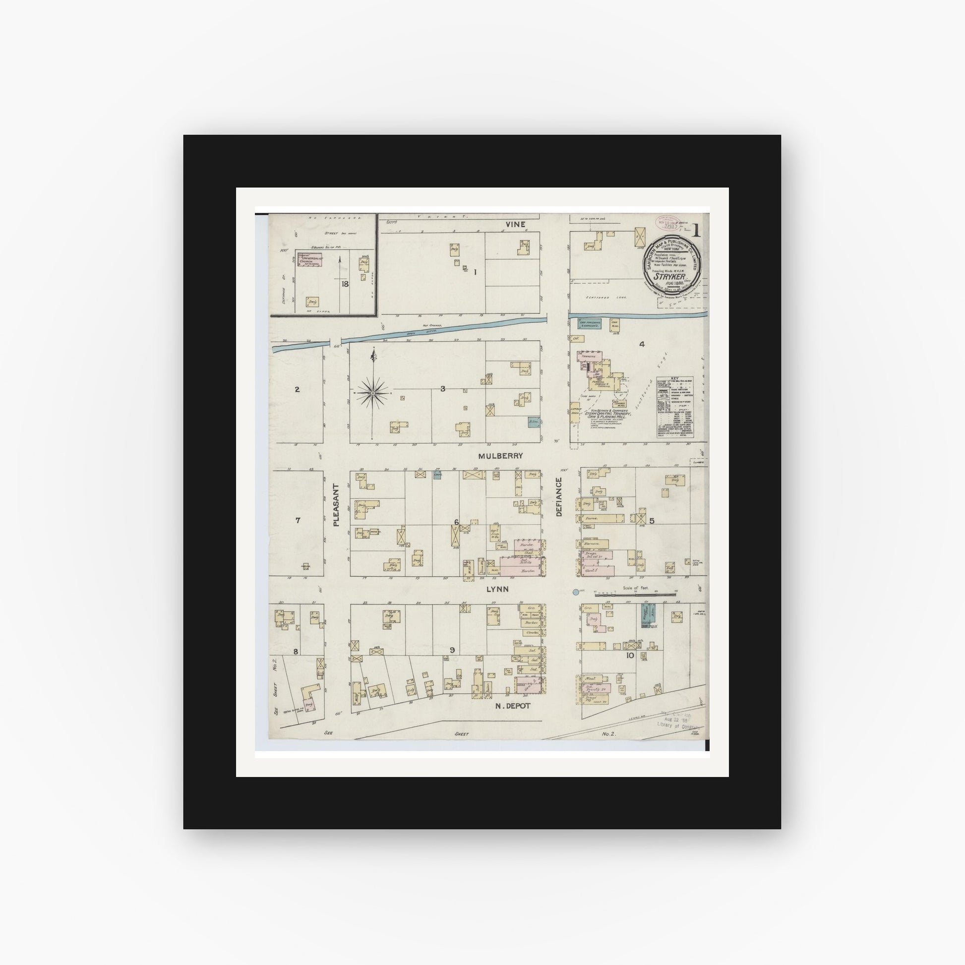 Old map wall art mockup — black gallery frame with white mat — Sanborn Fire Insurance Map from Stryker, Williams County, Ohio (1888), Sheet #0001