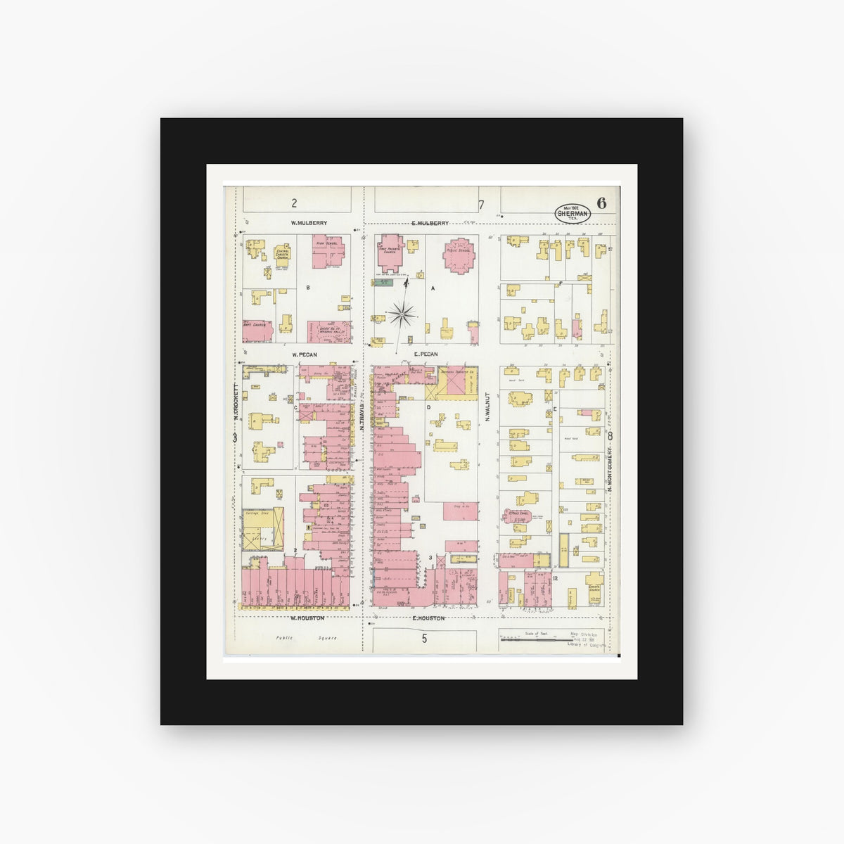 Old map wall art mockup — black gallery frame with white mat — Sanborn Fire Insurance Map from Sherman, Grayson County, Texas (1902), Sheet #0006