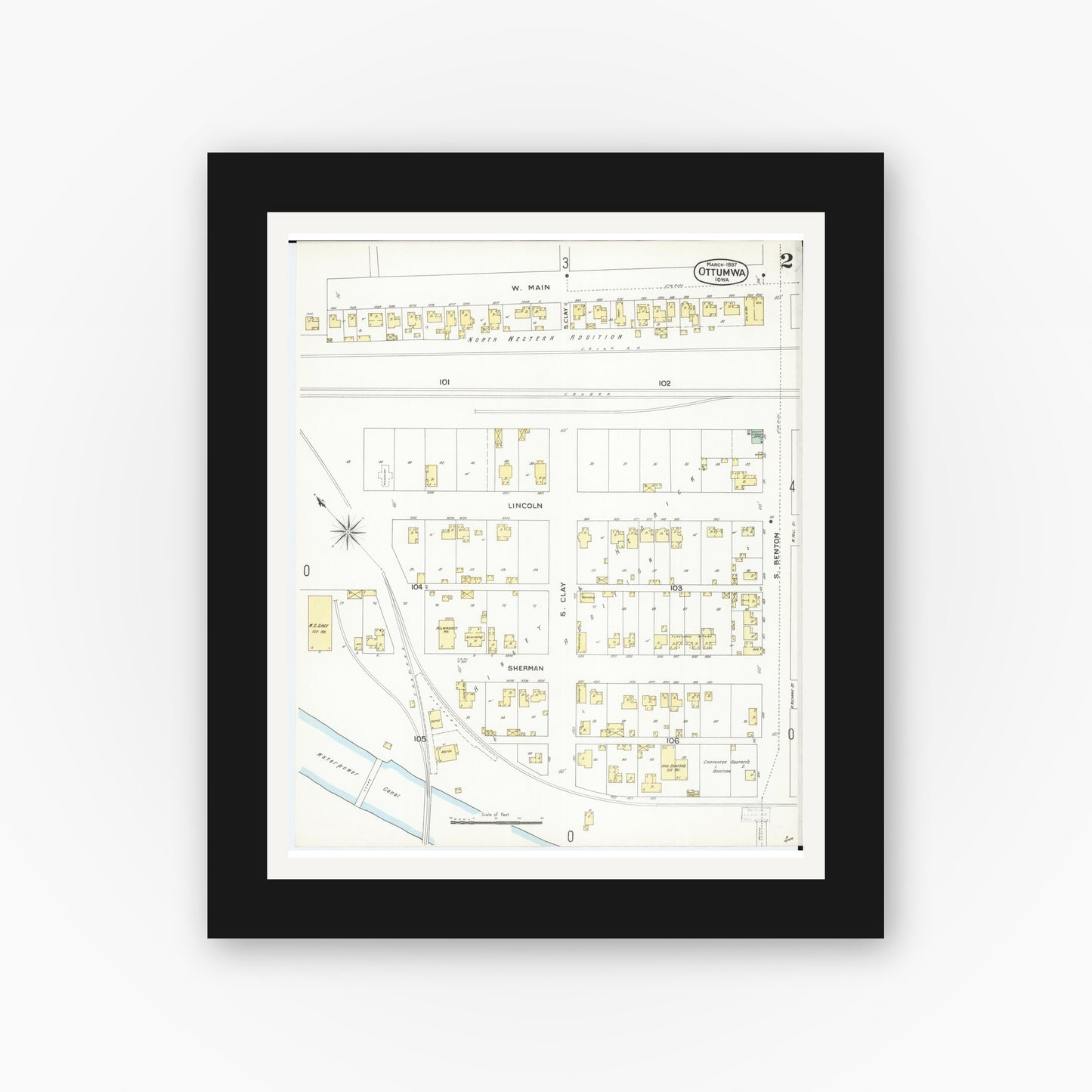 Old map wall art mockup — black gallery frame with white mat — Sanborn Fire Insurance Map from Ottumwa, Wapello County, Iowa (1897), Sheet #0002