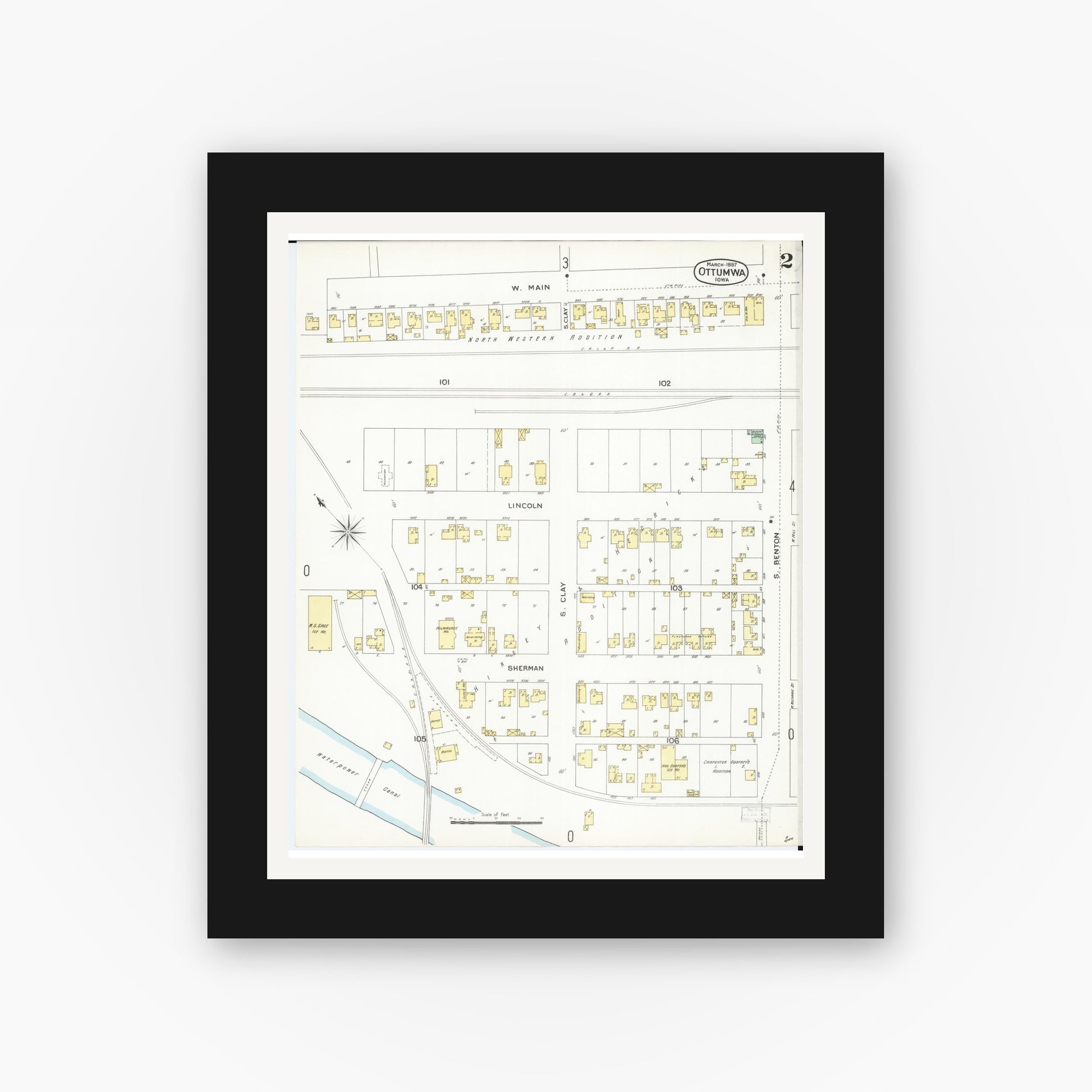 Old map wall art mockup — black gallery frame with white mat — Sanborn Fire Insurance Map from Ottumwa, Wapello County, Iowa (1897), Sheet #0002