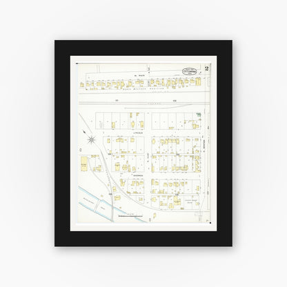 Old map wall art mockup — black gallery frame with white mat — Sanborn Fire Insurance Map from Ottumwa, Wapello County, Iowa (1897), Sheet #0002