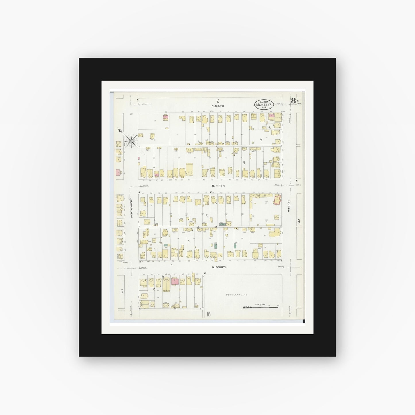 Old map wall art mockup — black gallery frame with white mat — Sanborn Fire Insurance Map from Marietta, Washington County, Ohio (1907), Sheet #0008