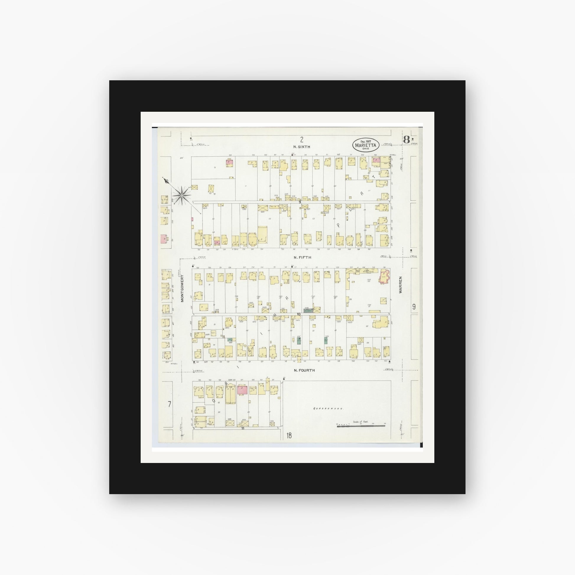Old map wall art mockup — black gallery frame with white mat — Sanborn Fire Insurance Map from Marietta, Washington County, Ohio (1907), Sheet #0008