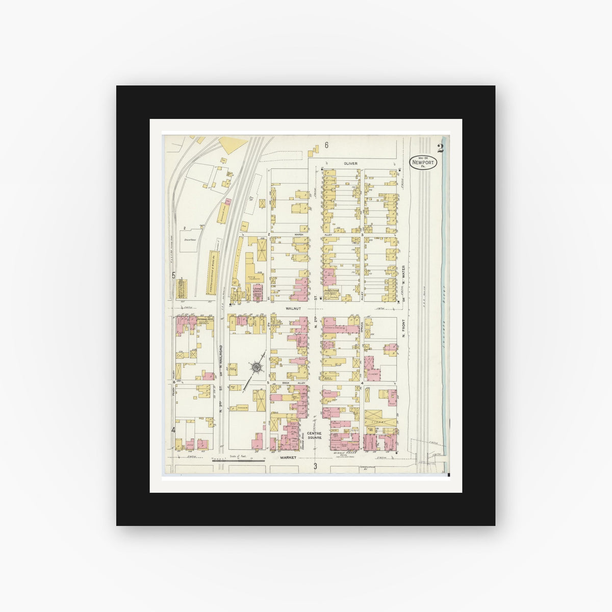 Old map wall art mockup — black gallery frame with white mat — Sanborn Fire Insurance Map from Newport, Perry County, Pennsylvania (1911), Sheet #0002
