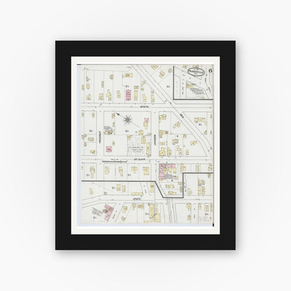 Old map wall art mockup — black gallery frame with white mat — Sanborn Fire Insurance Map from Painesville, Lake County, Ohio (1889), Sheet #0006
