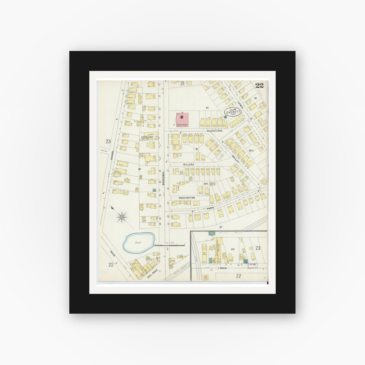 Old map wall art mockup — black gallery frame with white mat — Sanborn Fire Insurance Map from Everett, Middlesex County, Massachusetts (1897), Sheet #0022