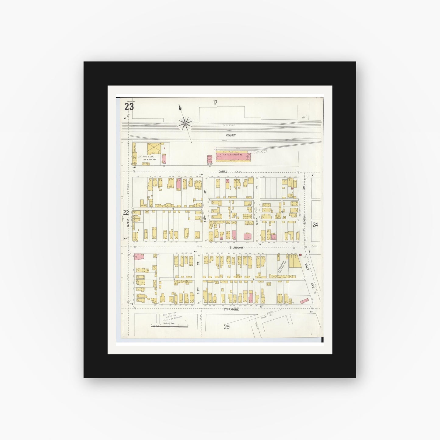 Old map wall art mockup — black gallery frame with white mat — Sanborn Fire Insurance Map from Hamilton, Butler County, Ohio (1899), Sheet #0023