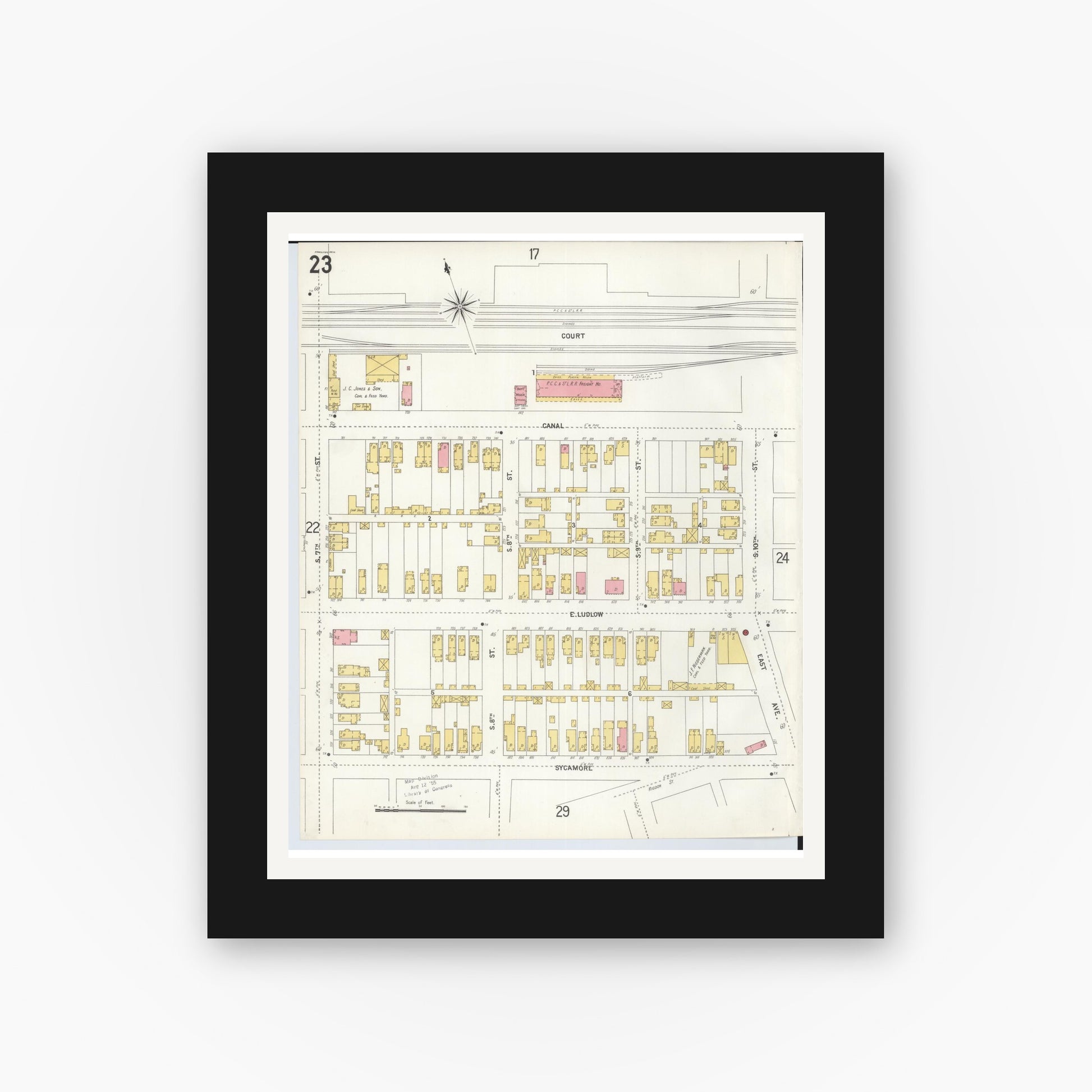 Old map wall art mockup — black gallery frame with white mat — Sanborn Fire Insurance Map from Hamilton, Butler County, Ohio (1899), Sheet #0023