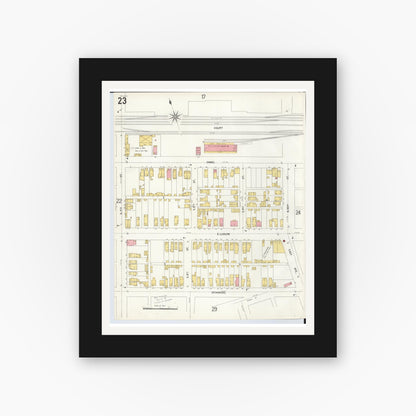 Old map wall art mockup — black gallery frame with white mat — Sanborn Fire Insurance Map from Hamilton, Butler County, Ohio (1899), Sheet #0023