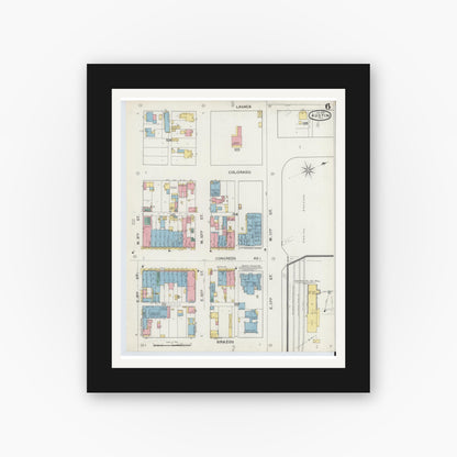 Old map wall art mockup — black gallery frame with white mat — Sanborn Fire Insurance Map from Austin, Travis County, Texas (1894), Sheet #0006