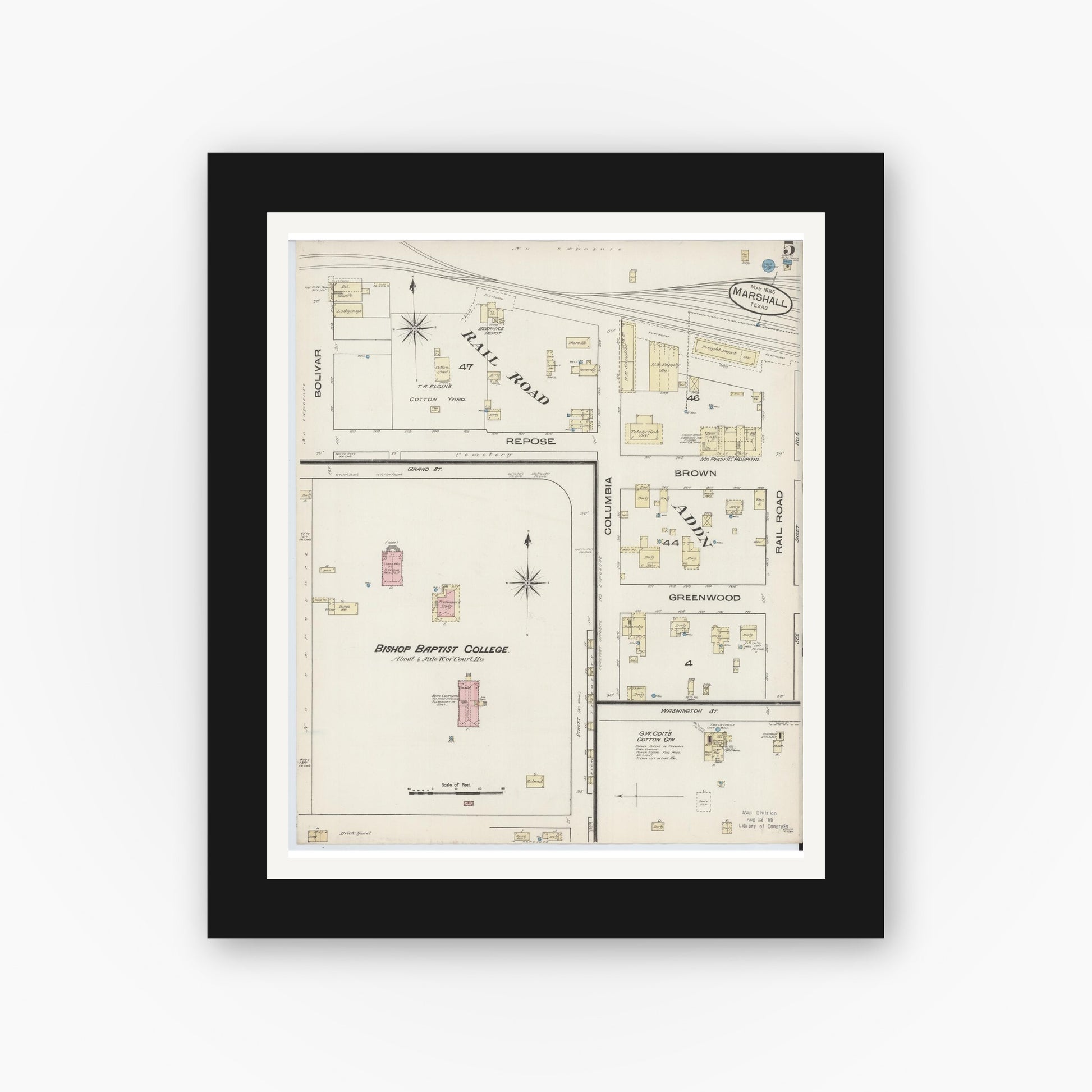 Old map wall art mockup — black gallery frame with white mat — Sanborn Fire Insurance Map from Marshall, Harrison County, Texas (1885), Sheet #0005