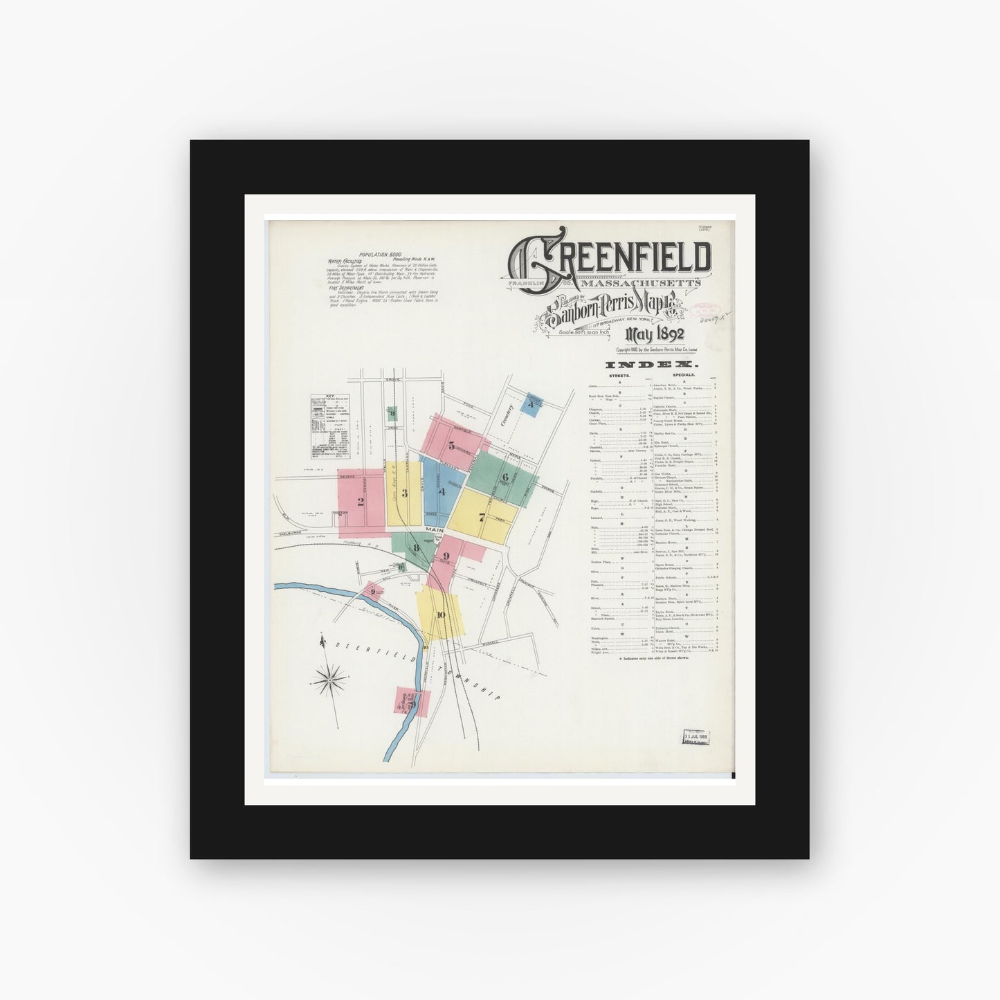 Old map wall art mockup — black gallery frame with white mat — Sanborn Fire Insurance Map from Greenfield, Franklin County, Massachusetts (1892) - Complete Map Set