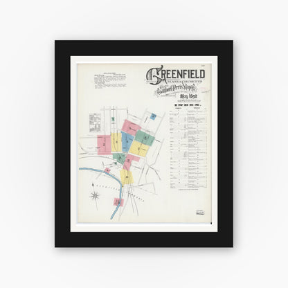 Old map wall art mockup — black gallery frame with white mat — Sanborn Fire Insurance Map from Greenfield, Franklin County, Massachusetts (1892) - Complete Map Set