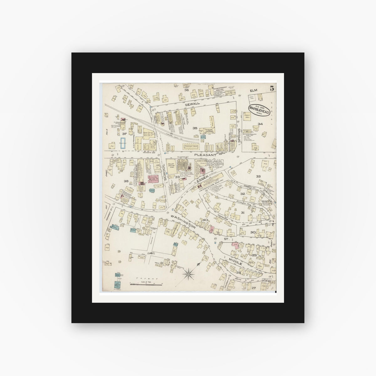 Old map wall art mockup — black gallery frame with white mat — Sanborn Fire Insurance Map from Marblehead, Essex County, Massachusetts (1885), Sheet #0005
