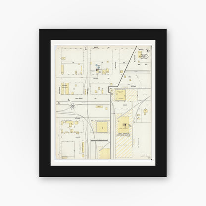 Old map wall art mockup — black gallery frame with white mat — Sanborn Fire Insurance Map from Terrell, Kaufman County, Texas (1897), Sheet #0009