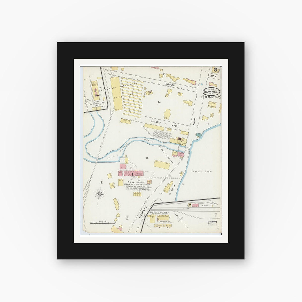 Old map wall art mockup — black gallery frame with white mat — Sanborn Fire Insurance Map from Brookfield, Worcester County, Massachusetts (1893), Sheet #0003