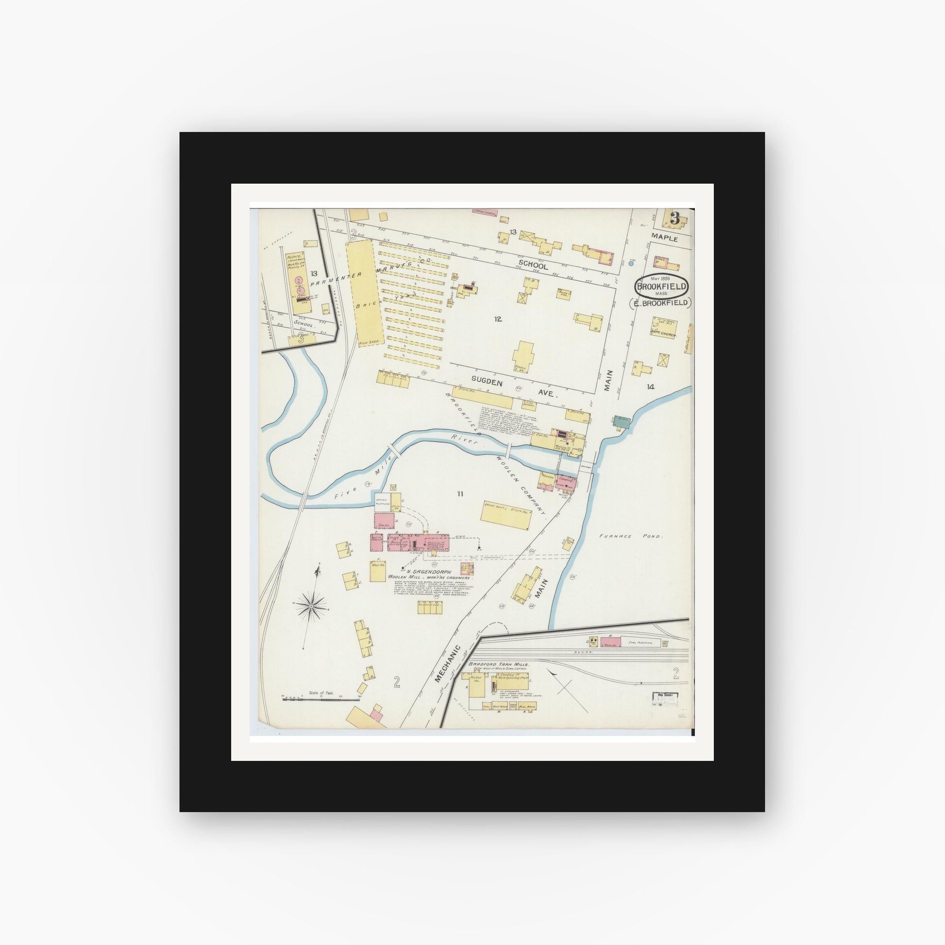 Old map wall art mockup — black gallery frame with white mat — Sanborn Fire Insurance Map from Brookfield, Worcester County, Massachusetts (1893), Sheet #0003